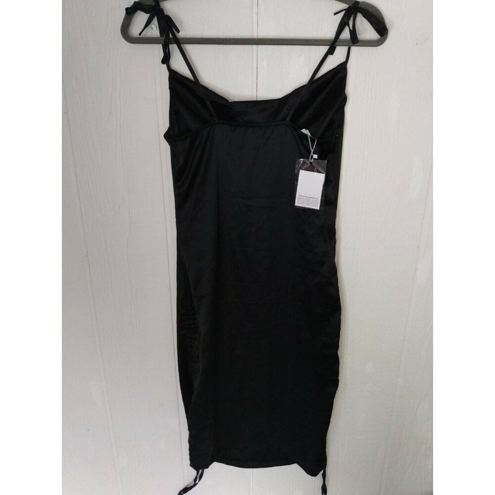 Halfisland Women's CowlNeck Black Dress Spaghetti Strap Ruched On Front Size L - Picture 2 of 5